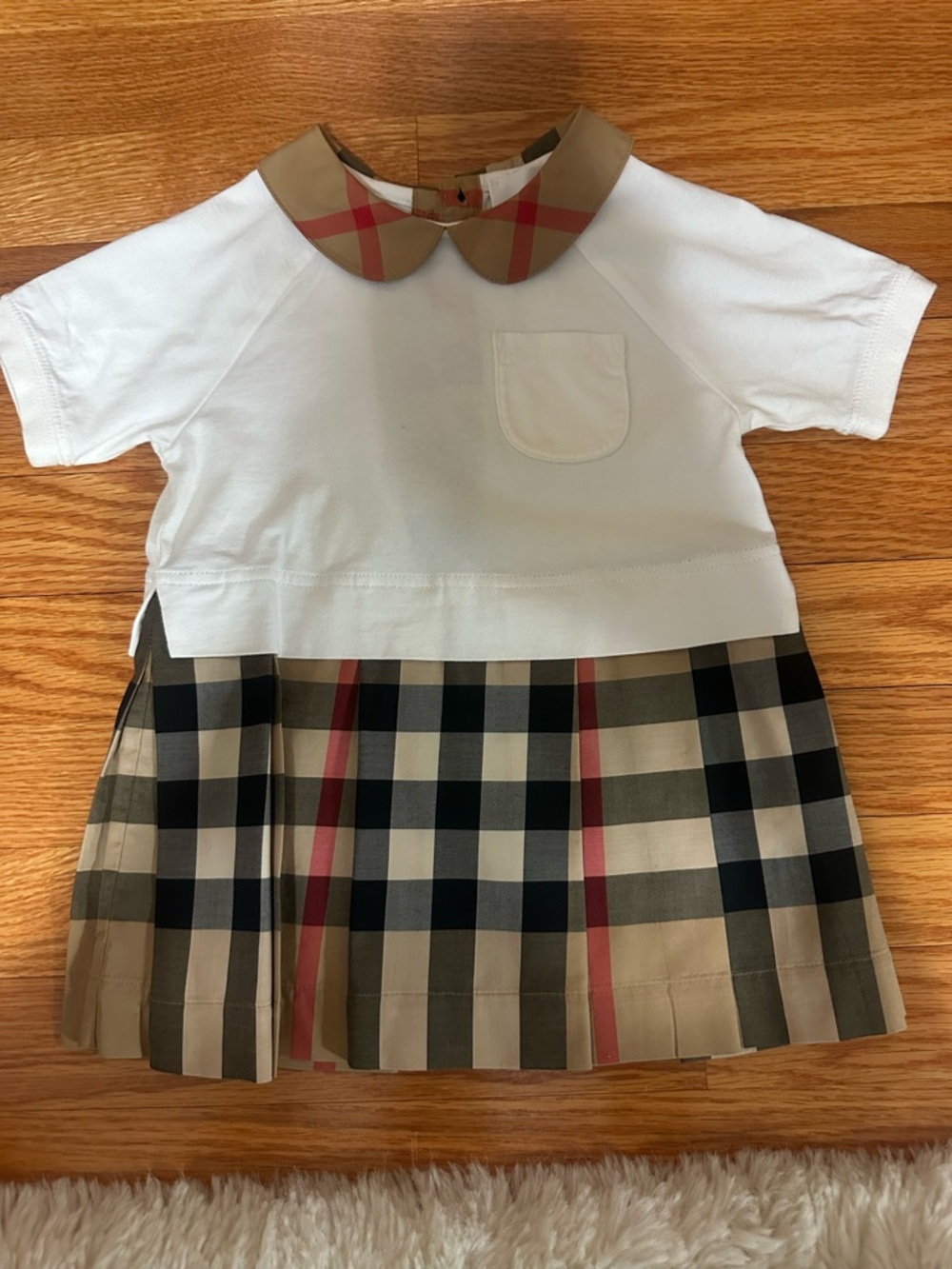 Burberry White Top with Beige Black Red Check Pleated Skirt Girls Dress